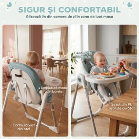 AIYAPLAY Scaun de Masă Pliabil pentru Copii 6-36 Luni cu Înălțime Reglabilă, Tăviță Dublă Lavabilă, Roți, Verde | Aosom Romania