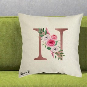 Cadou Personalizat - Perna Personalizata Monograma Rose Gold Litera N, 40x40 cm, Ecru, Husa Detasabila, Perna Inclusa, BEKZ®
