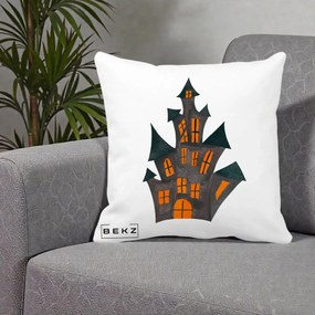Perna Decorativa Halloween Casa Bantuita Minimalista, 40x40 cm, Alba Mata, Husa Detasabila, Perna Inclusa, BEKZ®