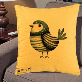 Perna Decorativa Pasare Teal Decorativa Dungata, 40x40 cm, Galben, Husa Detasabila, Perna Inclusa, BEKZ®