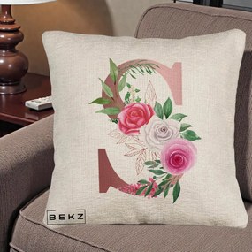 Cadou Personalizat - Perna Personalizata Monograma Rose Gold Litera S, 40x40 cm, Bej Canapea, Husa Detasabila, Perna Inclusa, BEKZ®
