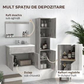 Set de Mobilier de Baie din 3 Piese, Montare pe Perete, cu Dulap cu Oglinda, Dulap de Depozitare Inalt, Gri Kleankin | Aosom Romania