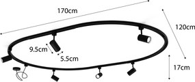Sistem modern de iluminat pe șine cu 6 spoturi negre, monofazat, oval 100cm - Iconic Jeana