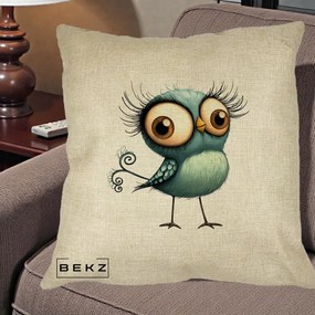 Perna Decorativa Pasare Teal cu Gene si Coada Spiralata, 40x40 cm, Crem, Husa Detasabila, Perna Inclusa, BEKZ®