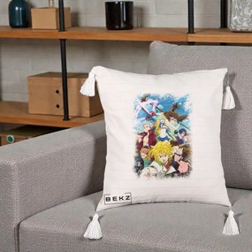 Perna Personalizata Nanatsu no Taizai Cele Sapte Pacate Mortale Anime, 40x40 cm, Bej cu Franjuri, Husa Detasabila, Perna Inclusa, BEKZ®