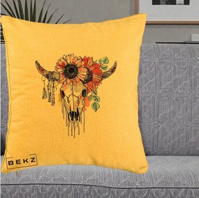 Perna Decorativa Craniu Boho Floral, 40x40 cm, Galben, Husa Detasabila, Perna Inclusa, BEKZ®