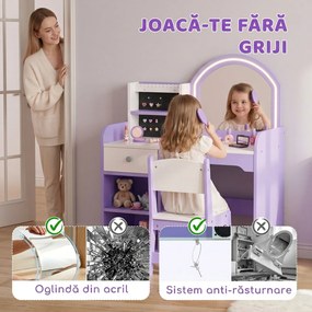 AIYAPLAY Set măsuță de toaletă 2 în 1 pentru fetițe, cu scaun și oglindă, lumini în 2 culori, suport bijuterii, sertar, mov | Aosom Romania