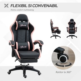 Scaun de Gaming Premium, Piele Ecologică PU, Oțel, Înălțime Ajustabilă, Spătar Inclinabil, 65x65x121-129 cm, Roz și Negru | Aosom Romania