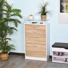 HOMCOM Dulap pentru Pantofi, Mobilier depozitare Pantofi cu 2 Uși pliante 2 Compartimente, sertar, Placă din Sticlă - Lemn stejar Alb | Aosom Romania