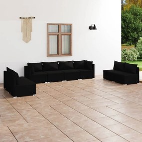 Set mobilier de gradina cu perne, 8 piese, negru, poliratan Negru, 2x colt + 6x mijloc, 1