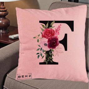 Cadou Personalizat - Perna Personalizata Monograma Florala Litera F, 40x40 cm, Roz, Husa Detasabila, Perna Inclusa, BEKZ®