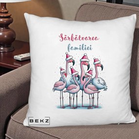 Perna Decorativa Flamingo Craciun Sarbatoarea Familiei, 40x40 cm, Alb Pufos, Husa Detasabila, Perna Inclusa, BEKZ®