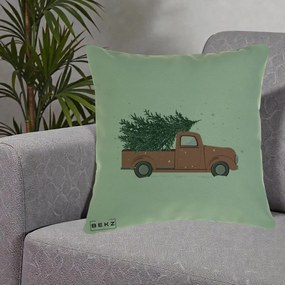 Perna Decorativa Camioneta Terracotta Brad de Craciun, 40x40 cm, Verde, Husa Detasabila, Perna Inclusa, BEKZ®
