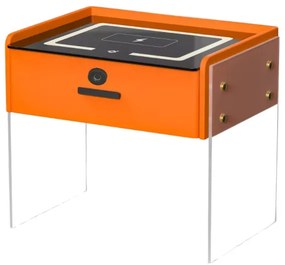 Noptieră inteligentă cu &icirc;ncărcare wireless, iluminare LED, 1 sertar de depozitare, difuzor Bluetooth și &icirc;nchidere prin amprentă &ndash; portocalie, design modern din sticlă și lemn