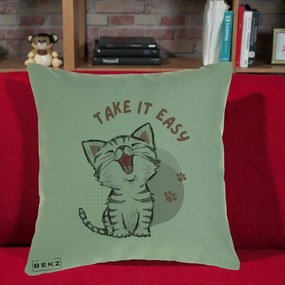 Perna Personalizata Take It Easy Cat, 40x40 cm, Verde, Husa Detasabila, Perna Inclusa, BEKZ®