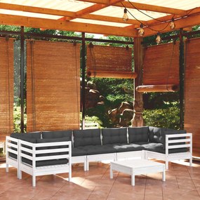 3097314 vidaXL Set mobilier de grădină cu perne, 8 piese, alb, lemn masiv pin