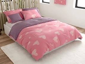 Lenjerie de pat din bumbac, reversibila, INIMI SI BULINE roz