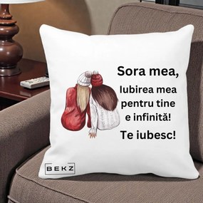 Cadou pentru Sora - Perna Personalizata Sora Mea Te Iubesc Doua Fete Iarna Acuarela, 40x40 cm, Alba Mata, Husa Detasabila, Perna Inclusa, BEKZ®