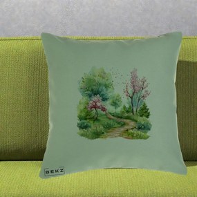 Perna Decorativa Gradina Primavara Acuarela, 40x40 cm, Verde, Husa Detasabila, Perna Inclusa, BEKZ®
