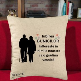 Cadou pentru Bunici - Perna Personalizata Bunicii Iubirea Infloreste Silueta Neagra Flori, 40x40 cm, Bej, Husa Detasabila, Perna Inclusa, BEKZ®