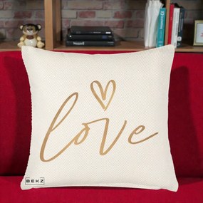 Perna Decorativa Love Caligrafie Aurie, 40x40 cm, Crem Reliefat, Husa Detasabila, Perna Inclusa, BEKZ®