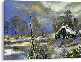 Tablou -Cabane într-un peisaj de iarnă, pictură în ulei (70x50 cm)