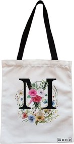 Sacosa de Panza pentru Cumparaturi, Geanta Tote, Cu litera M in Coronita Florala, Cu fermoar, 38x34.5 cm, Alba, BEKZ®