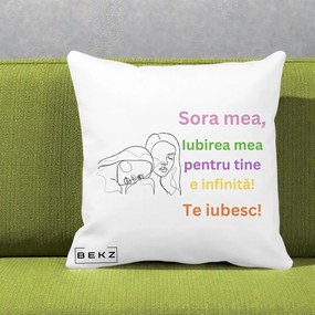 Cadou pentru Sora - Perna Personalizata Sora Mea Te Iubesc Line Art Fete Colorate Brate Ridicate, 40x40 cm, Alba Mata, Husa Detasabila, Perna Inclusa, BEKZ®