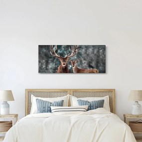 Tablou - Cerb și căprioare în pădurea înzăpezită (120x50 cm)