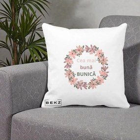 Cadou pentru Bunica - Perna Personalizata Cea Mai Buna Bunica Coronita Flori Roz, 40x40 cm, Alba Mata, Husa Detasabila, Perna Inclusa, BEKZ®