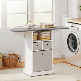 HOMCOM Dulap cu Masă de Călcat Pliabil Economisitor de Spațiu, Dulap Multifuncțional cu 3 Sertare din Material Textil Aspect In, Roți Cu Frână, Raft Deschis, pentru Băi și Spații de Rufe, 121x37x89.5 cm, Alb | Aosom Romania