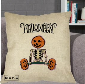Perna Decorativa Halloween Schelet cu Cap de Dovleac Powerlifting, 40x40 cm, Crem, Husa Detasabila, Perna Inclusa, BEKZ®