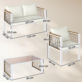 Outsunny Set mobilier grădină 4 piese Polyrattan lounge cu canapea 2 locuri, 2 fotolii, masă cu sticlă, perne detașabile, saltea antiderapantă | Aosom Romania