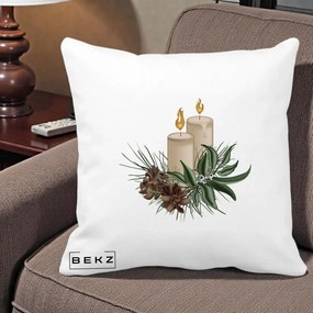 Perna Decorativa Lumanari cu Ilex si Conuri Ilustratie, 40x40 cm, Alba Mata, Husa Detasabila, Perna Inclusa, BEKZ®