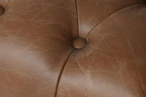 Canapea 3 locuri din piele cognac, cu spătar capitonat, picioare din metal auriu, aspect retro, 74 x 209 x 77 cm, „Odette”