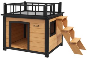 PawHut Căsuță pentru câini cu terasă, rezistentă la intemperii, lemn, 121x77x78cm, Negru/Galben | Aosom Romania