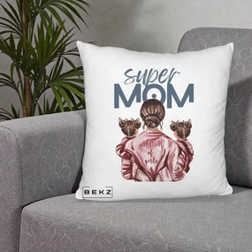Cadou pentru Mama - Perna Personalizata Super Mom of Girls Mama cu Gemene, 40x40 cm, Alb Pufos, Husa Detasabila, Perna Inclusa, BEKZ®