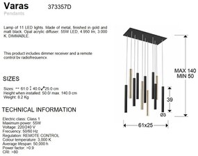 Lustra dimabila cu telecomanda, 11 pendule LED design modern Varas negru/auriu SV-373357D
