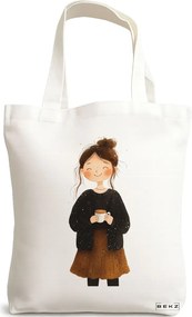 Sacosa de Panza pentru Cumparaturi, Geanta Tote, model The coffee girl 38 x 34.5 cm, Alba, BEKZ®