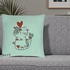 Perna Decorativa Pisica Kawaii cu Inimi, 40x40 cm, Verde Menta, Husa Detasabila, Perna Inclusa, BEKZ®