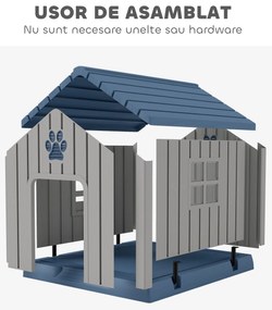 PawHut Căsuță pentru Câini din Plastic pentru Exterior, Impermeabilă, pentru Câini de Talie Medie cu Bază Ridicată, Ferestre și Acoperiș pentru Grădină, Patio, Terasă, Casă și Interior, 85x79x82 cm, Gri | Aosom Romania
