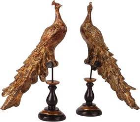 Statuetă decorativă din polirășină, auriu, păun pe soclu negru, finisaj antichizat, 41 x 26 x 11 cm, „Paon”
