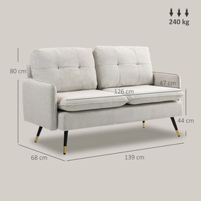 HOMCOM Divano 2 Posti in Tessuto Effetto Lino con Braccioli e Cuscini Imbottiti, Divanetto 2 Posti Moderno con Gambe in Acciaio, per Ufficio, Soggiorno, Salotto e Camera da Letto, 139x68x80 cm, Crema | Aosom Romania