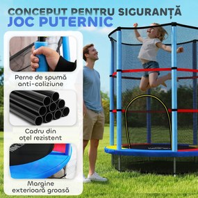 HOMCOM Saltea Elastică pentru Copii 3-6 Ani cu Plasă de Protecție, 6 Stâlpi și 3 Intrări, Ø140x190 cm, Multicolor | Aosom Romania