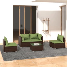 Set mobilier de gradina cu perne, 5 piese, maro, poliratan maro si verde, 2x colt + 2x mijloc + masa, 1