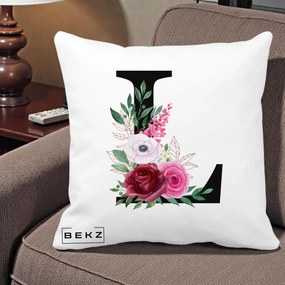 Cadou Personalizat - Perna Personalizata Monograma Florala Litera L, 40x40 cm, Alba Mata, Husa Detasabila, Perna Inclusa, BEKZ®