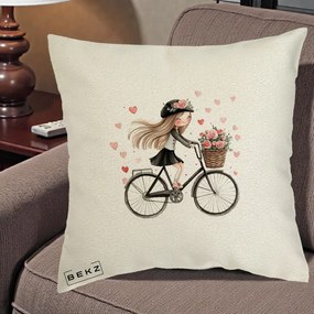Perna Decorativa Fetita Kawaii pe Bicicleta cu Trandafiri si Inimioare, 40x40 cm, Ecru, Husa Detasabila, Perna Inclusa, BEKZ®