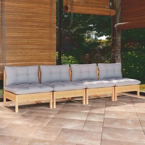 3096123 vidaXL Canapea de grădină cu 4 locuri, cu perne gri, lemn masiv pin