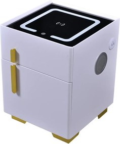 RESIGILAT- Noptiera inteligenta multifunctionala, iluminare LED tactil cu 3 culori, incarcare wireless si USB, difuzor Bluetooth, 2 sertare, Alb