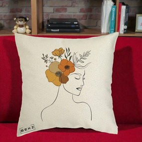 Perna Decorativa Portret Feminin Flori Galbene-Portocalii, 40x40 cm, Ecru, Husa Detasabila, Perna Inclusa, BEKZ®
